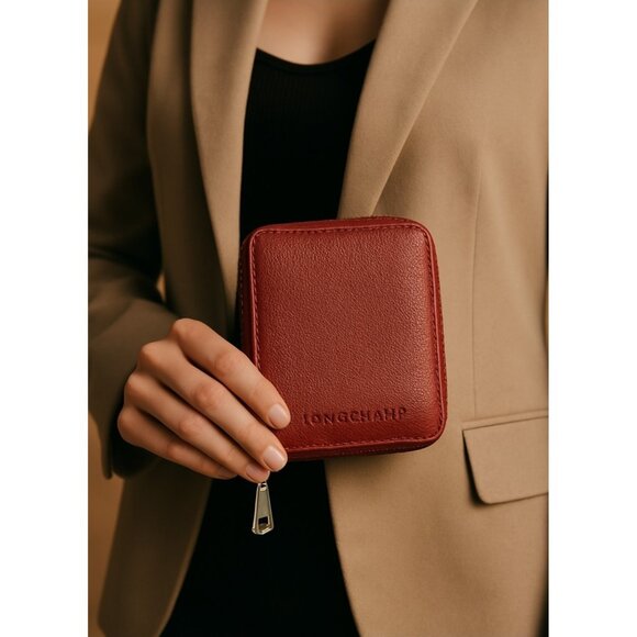 LONGCHAMP Leather Zip Wallet ID Card Holder Organizer Bifold Purse Compartment - Picture 1 of 15